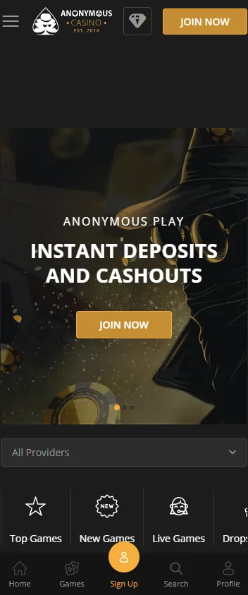 Anonymous Casino mobile home interface for iOS and Android web app access