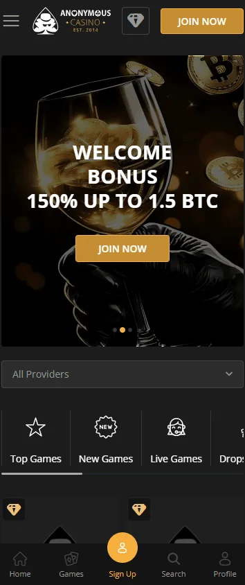 Anonymous Casino mobile games interface with slots and casino categories