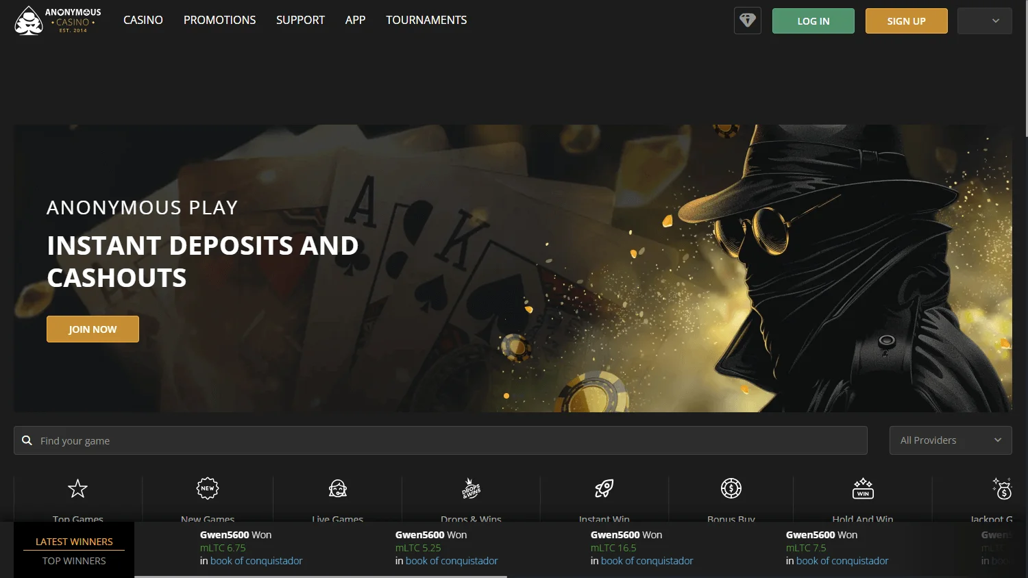 Anonymous Casino desktop home interface with crypto casino offers and game access