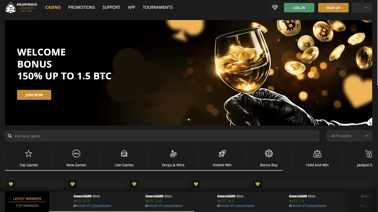 Anonymous Casino desktop games interface with casino categories and titles