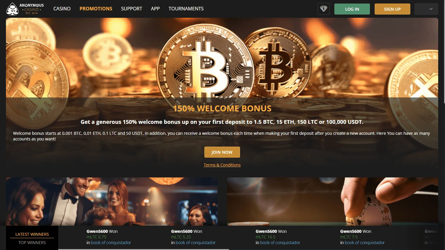 Anonymous Casino desktop promotions interface with bonuses, tournaments and rewards